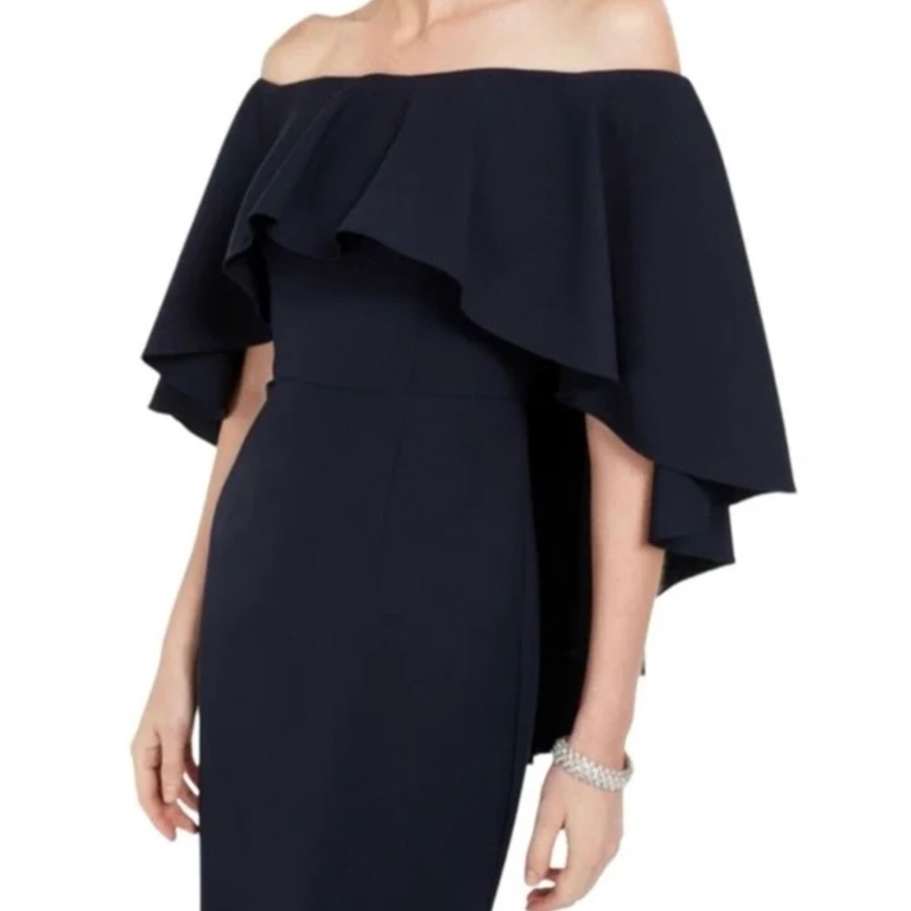 VINCE Camuto Navy Blue Off Shoulder Ruffle Cape Formal Gown Size 8 NWT $238 - Picture 4 of 10